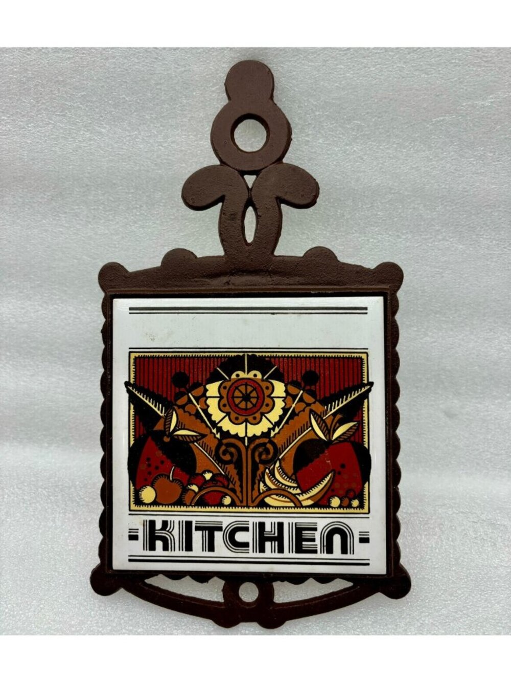 1970s Lexim Cast Iron-Ceramic Tile Trivet Wall Hanging Taiwan Mid-Century-NOS